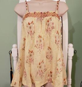 Free People Floral Yellow Linen Tie Tank Top Large